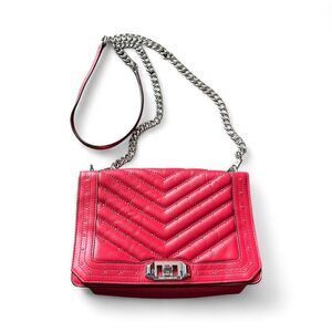 Rebecca Minkoff Red Leather Studded Chevron Quilted Love Crossbody Bag Purse